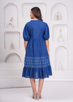 Load image into Gallery viewer, Sencei Women&#39;s Katha Cotton Handcrafted Fit and Flare Midi Dress with Puff Sleeves – Indigo Blue
