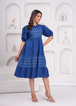 Load image into Gallery viewer, Sencei Women&#39;s Katha Cotton Handcrafted Fit and Flare Midi Dress with Puff Sleeves – Indigo Blue
