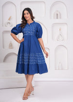 Load image into Gallery viewer, Sencei Women&#39;s Katha Cotton Handcrafted Fit and Flare Midi Dress with Puff Sleeves – Indigo Blue
