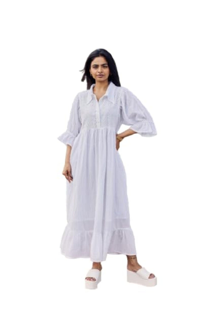 Sencei Women's Cotton Dobby White Maxi Dress with Ruffle Sleeves & Eyelet Detail Summer Casual Long Dress Sencei Women's Cotton Dobby White Maxi Dress with Ruffle Sleeves & Eyelet Detail Summer Casual Long Dress