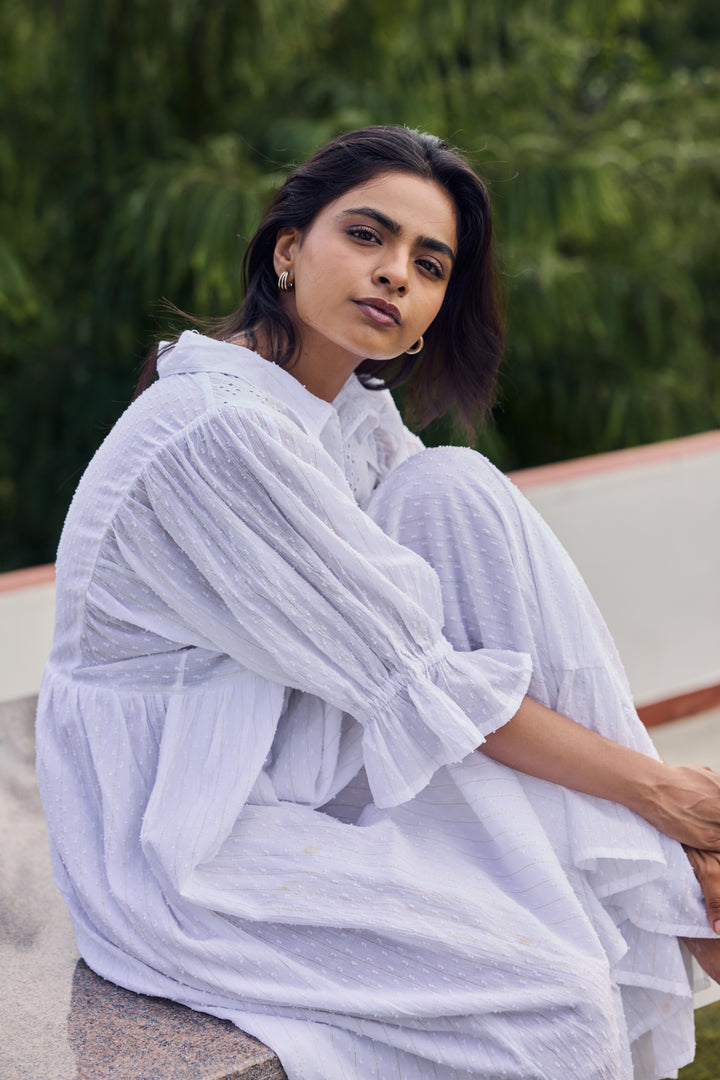 Sencei Women's Cotton Dobby White Maxi Dress with Ruffle Sleeves & Eyelet Detail – Summer Casual Long Dress