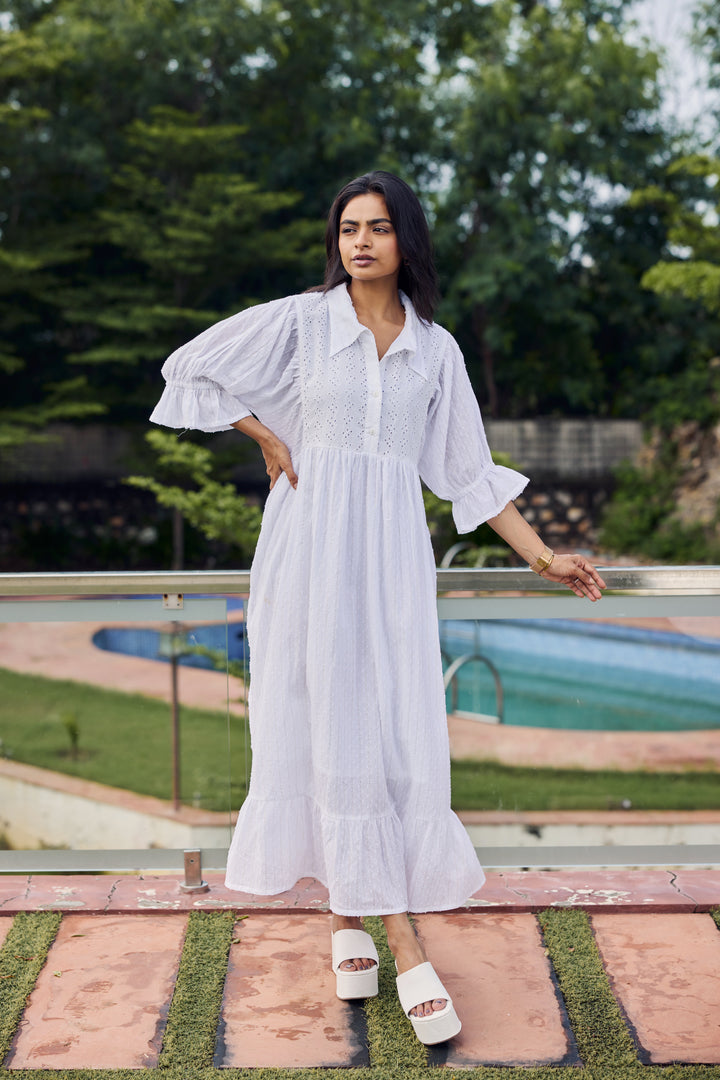 Sencei Women's Cotton Dobby White Maxi Dress with Ruffle Sleeves & Eye