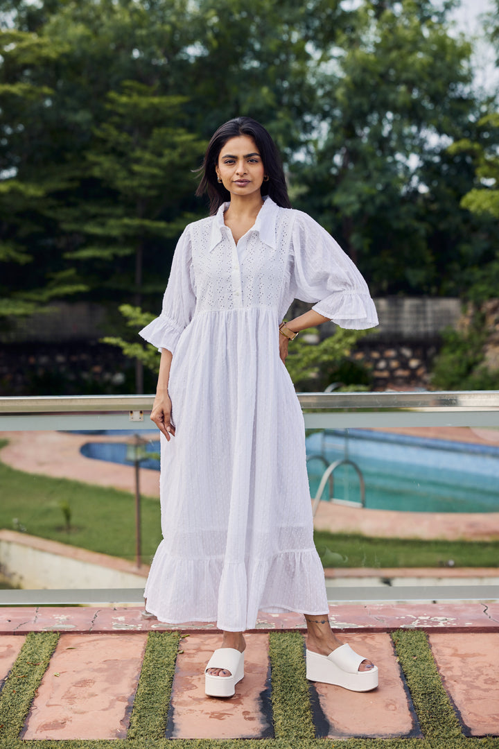 Sencei Women's Cotton Dobby White Maxi Dress with Ruffle Sleeves & Eyelet Detail – Summer Casual Long Dress