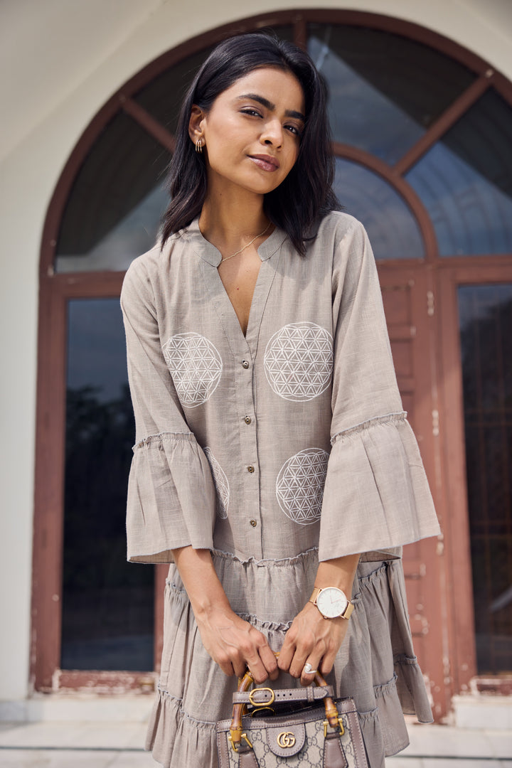 Sencei Women’s Cotton Flared Tier Dress with Circle Print | Relaxed Fit Boho Style Tunic Dress