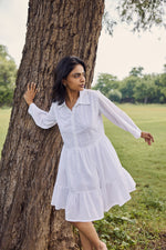 Load image into Gallery viewer, Sencei Chic Cotton Dobby Dress for Women – White Embroidered Shirt Dress with Flared Hem &amp; Short Dress

