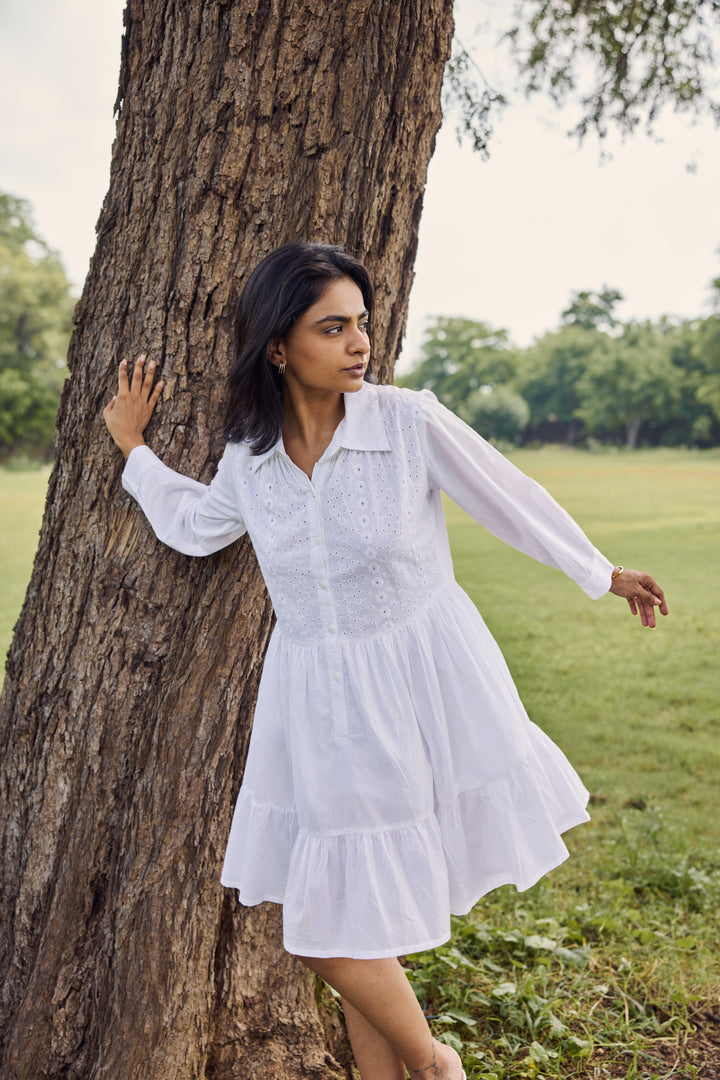 Sencei Chic Cotton Dobby Dress for Women – White Embroidered Shirt Dress with Flared Hem & Short Dress