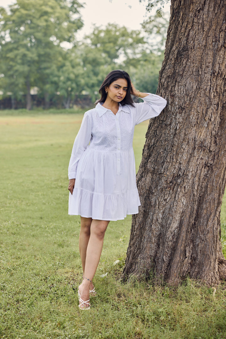 Sencei Chic Cotton Dobby Dress for Women – White Embroidered Shirt Dress with Flared Hem & Short Dress