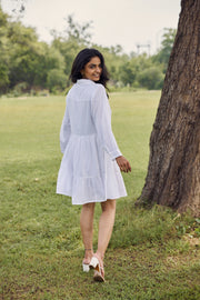 Sencei Chic Cotton Dobby Dress for Women – White Embroidered Shirt Dress with Flared Hem & Short Dress