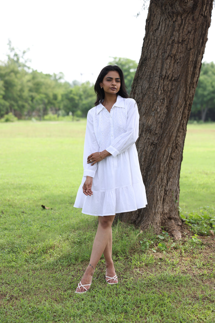Sencei Chic Cotton Dobby Dress for Women – White Embroidered Shirt Dress with Flared Hem & Short Dress