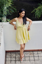 Load image into Gallery viewer, Sencei Women&#39;s Yellow Cotton Mini Dress – Sleeveless Fit &amp; Flare Dress with Lace Trim and Spaghetti Straps
