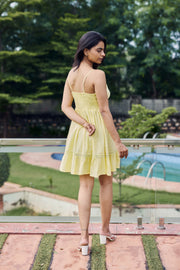 Sencei Women's Yellow Cotton Mini Dress – Sleeveless Fit & Flare Dress with Lace Trim and Spaghetti Straps