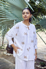 Load image into Gallery viewer, Sencei Women&#39;s Cotton Linen Co-ord Set | Embroidered Floral Kurta &amp; Pant Set | Lightweight Summer Lounge Wear

