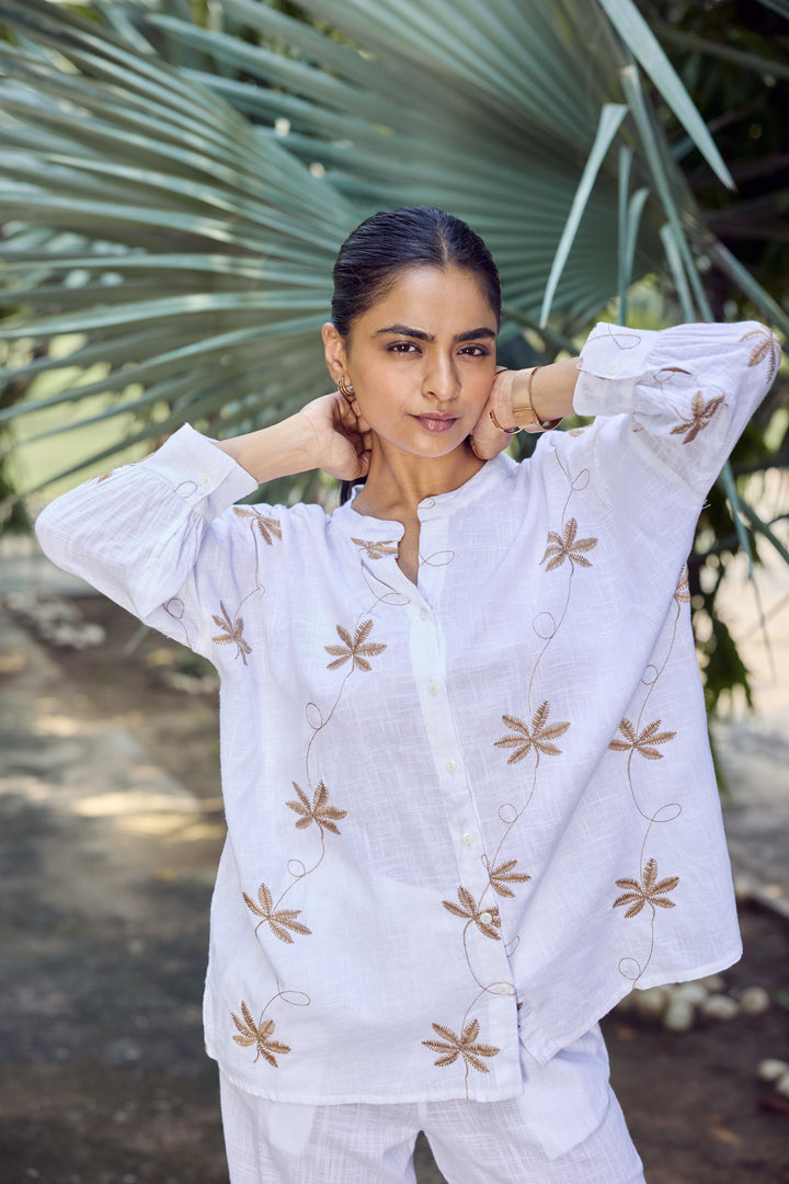 Sencei Women's Cotton Linen Co-ord Set | Embroidered Floral Kurta & Pant Set | Lightweight Summer Lounge Wear