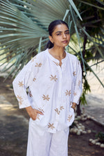 Load image into Gallery viewer, Sencei Women&#39;s Cotton Linen Co-ord Set | Embroidered Floral Kurta &amp; Pant Set | Lightweight Summer Lounge Wear
