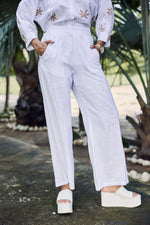 Load image into Gallery viewer, Sencei Women&#39;s Cotton Linen Co-ord Set | Embroidered Floral Kurta &amp; Pant Set | Lightweight Summer Lounge Wear
