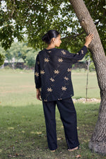 Load image into Gallery viewer, Sencei Women&#39;s Cotton Linen Co-Ord Set | Hand Embroidered Floral Top and Pant Set | Relaxed Fit Casual Wear (Black)
