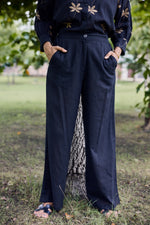 Load image into Gallery viewer, Sencei Women&#39;s Cotton Linen Co-Ord Set | Hand Embroidered Floral Top and Pant Set | Relaxed Fit Casual Wear (Black)
