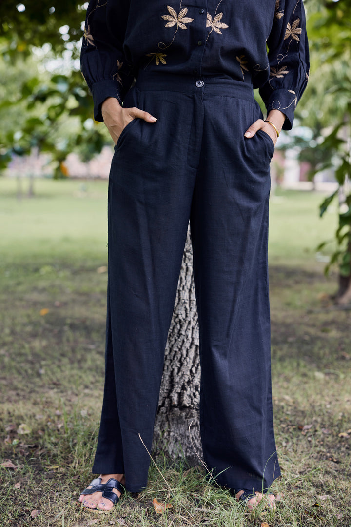 Sencei Women's Cotton Linen Co-Ord Set | Hand Embroidered Floral Top and Pant Set | Relaxed Fit Casual Wear (Black)