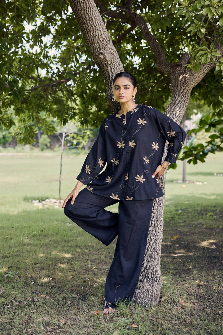 Sencei Women's Cotton Linen Co-Ord Set | Hand Embroidered Floral Top and Pant Set | Relaxed Fit Casual Wear (Black)
