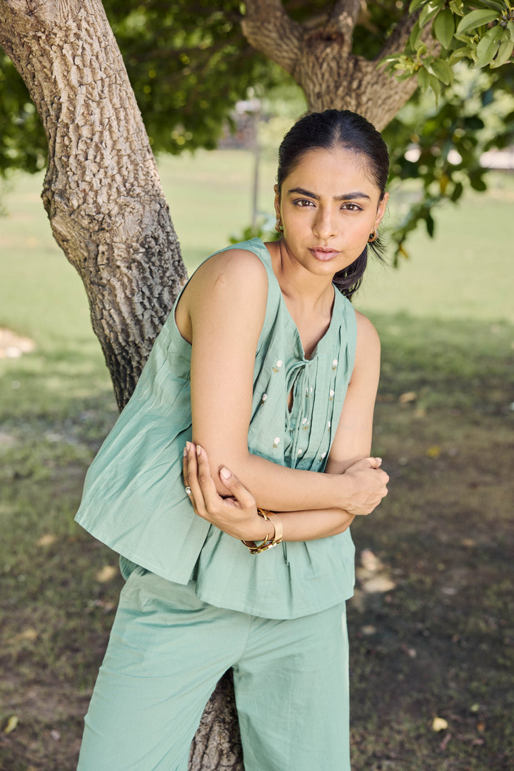 Sencei Women's Cotton Co-Ord Set | Sleeveless Pintuck Top with Palazzo Pants | Summer Lounge & Casual Wear