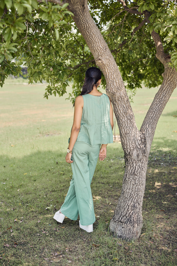Sencei Women's Cotton Co-Ord Set | Sleeveless Pintuck Top with Palazzo Pants | Summer Lounge & Casual Wear