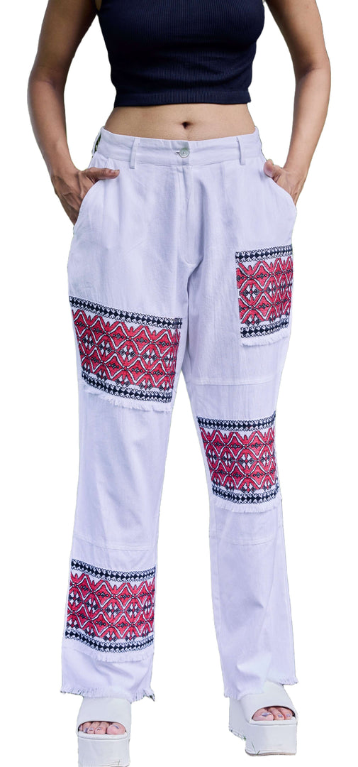 Sencei Women’s Ethnic Pants – Cotton Linen High Waist Wide Leg Trousers with Traditional Embroidery & Pockets
