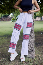 Load image into Gallery viewer, Sencei Women’s Ethnic Pants – Cotton Linen High Waist Wide Leg Trousers with Traditional Embroidery &amp; Pockets
