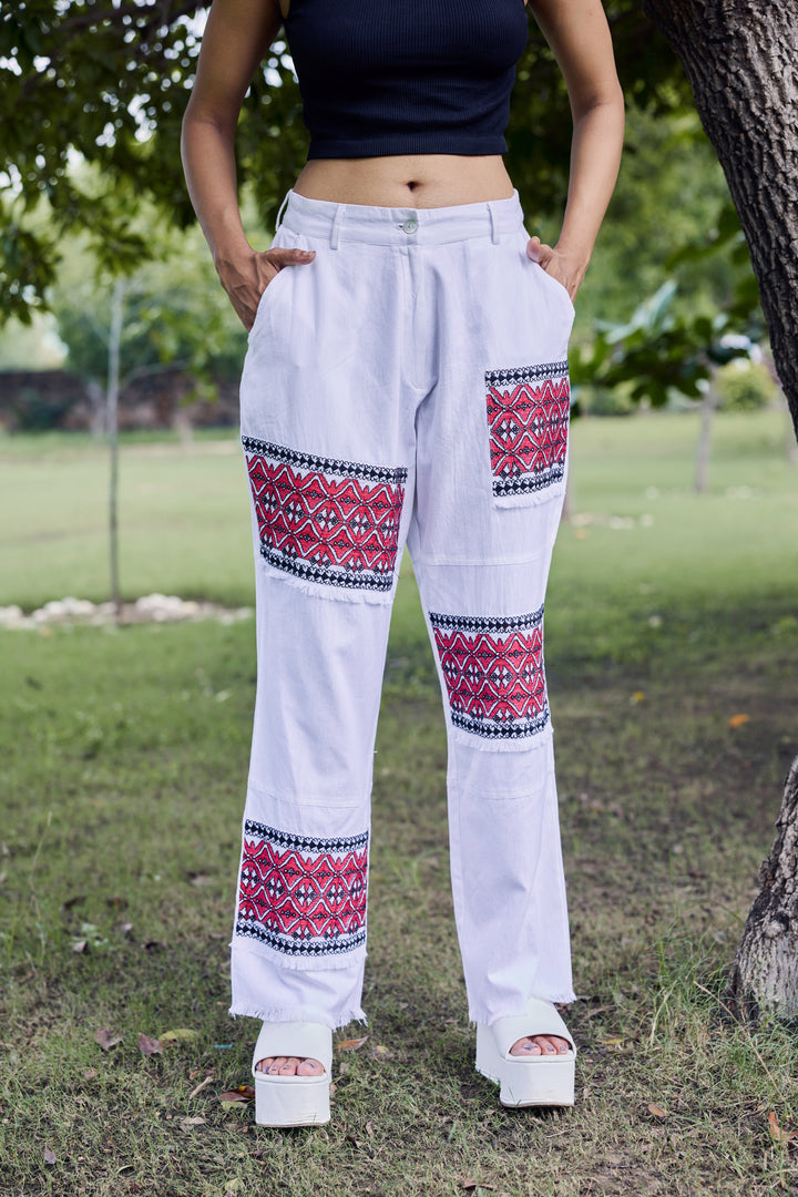 Sencei Women’s Ethnic Pants – Cotton Linen High Waist Wide Leg Trousers with Traditional Embroidery & Pockets