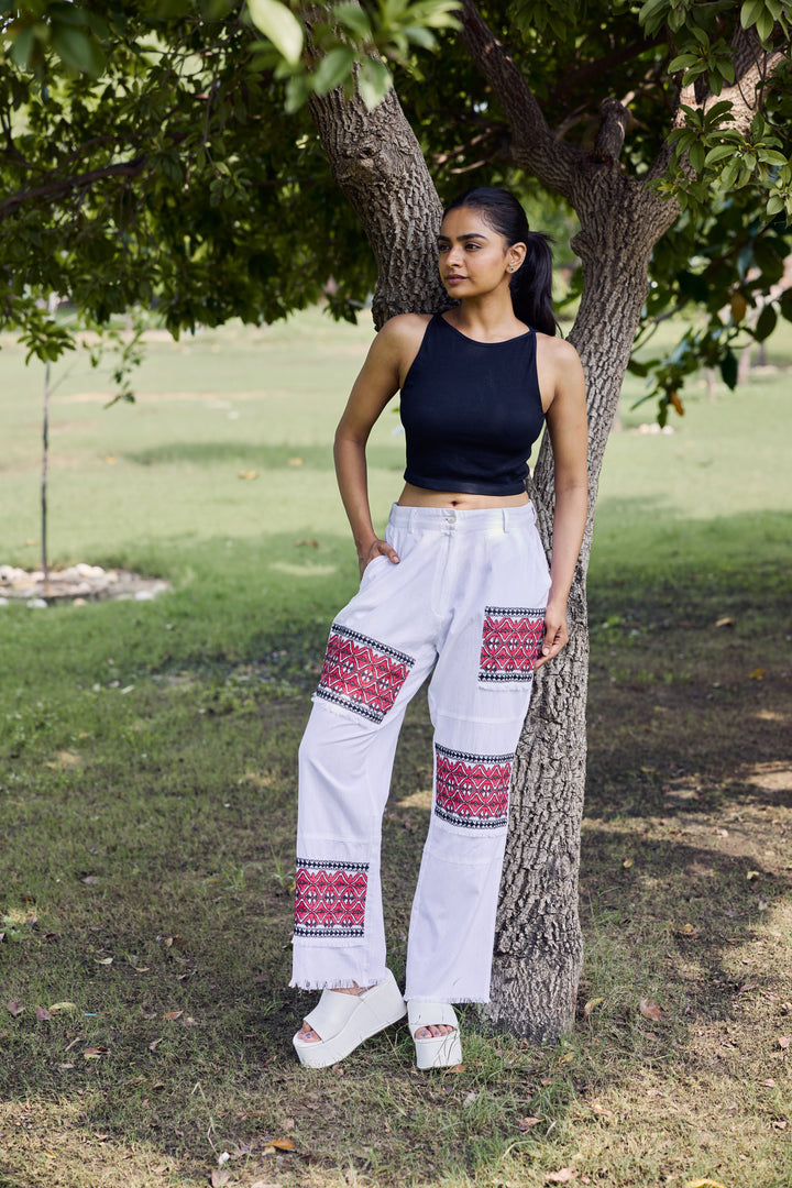 Sencei Women’s Ethnic Pants – Cotton Linen High Waist Wide Leg Trousers with Traditional Embroidery & Pockets