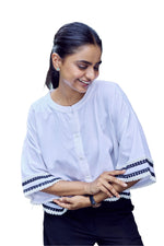 Load image into Gallery viewer, Sencei Women’s Cotton White Top with Stylish Black Trim – Casual Button-Down Blouse, Comfortable &amp; Breathable
