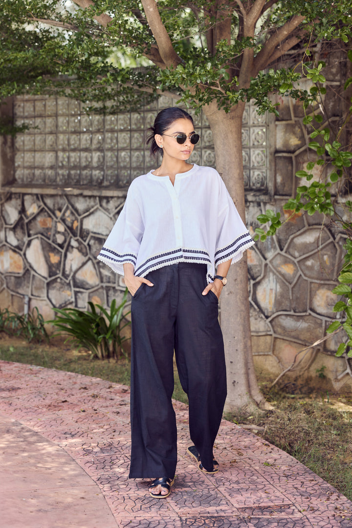 Sencei Women’s Cotton White Top with Stylish Black Trim – Casual Button-Down Blouse, Comfortable & Breathable