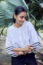 Load image into Gallery viewer, Sencei Women’s Cotton White Top with Stylish Black Trim – Casual Button-Down Blouse, Comfortable &amp; Breathable
